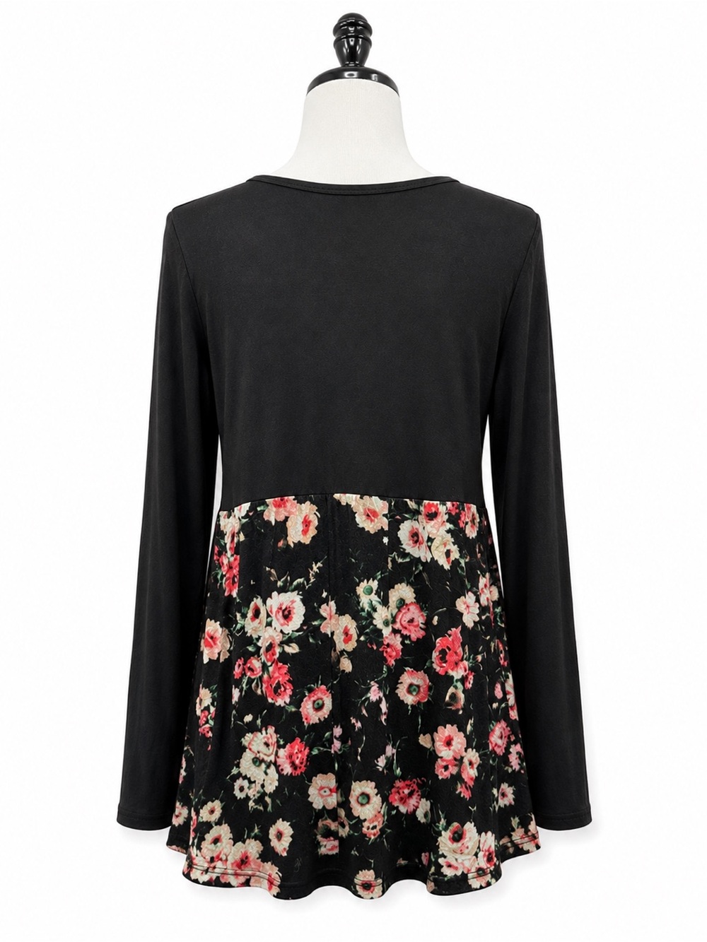 Black Floral-Panel Long Sleeve Women's Blouse
